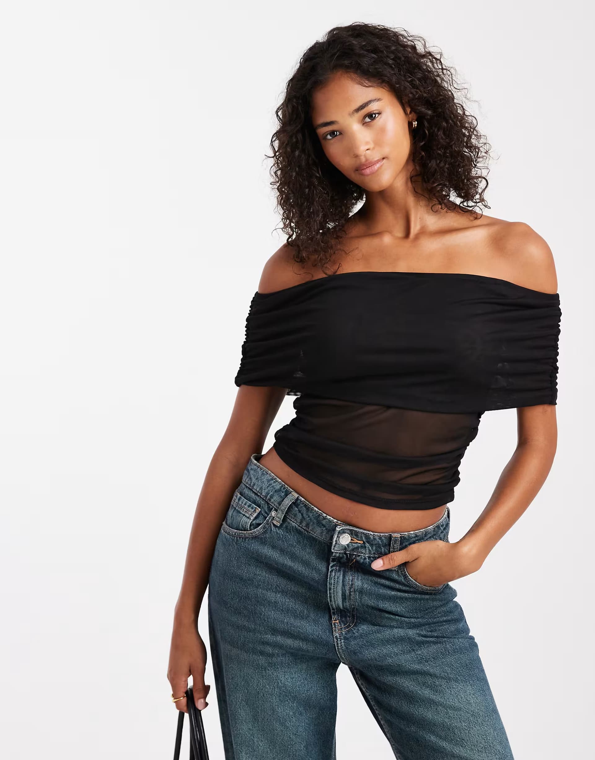 ASOS ASOS DESIGN semi sheer mesh fold over ruched off shoulder top in black