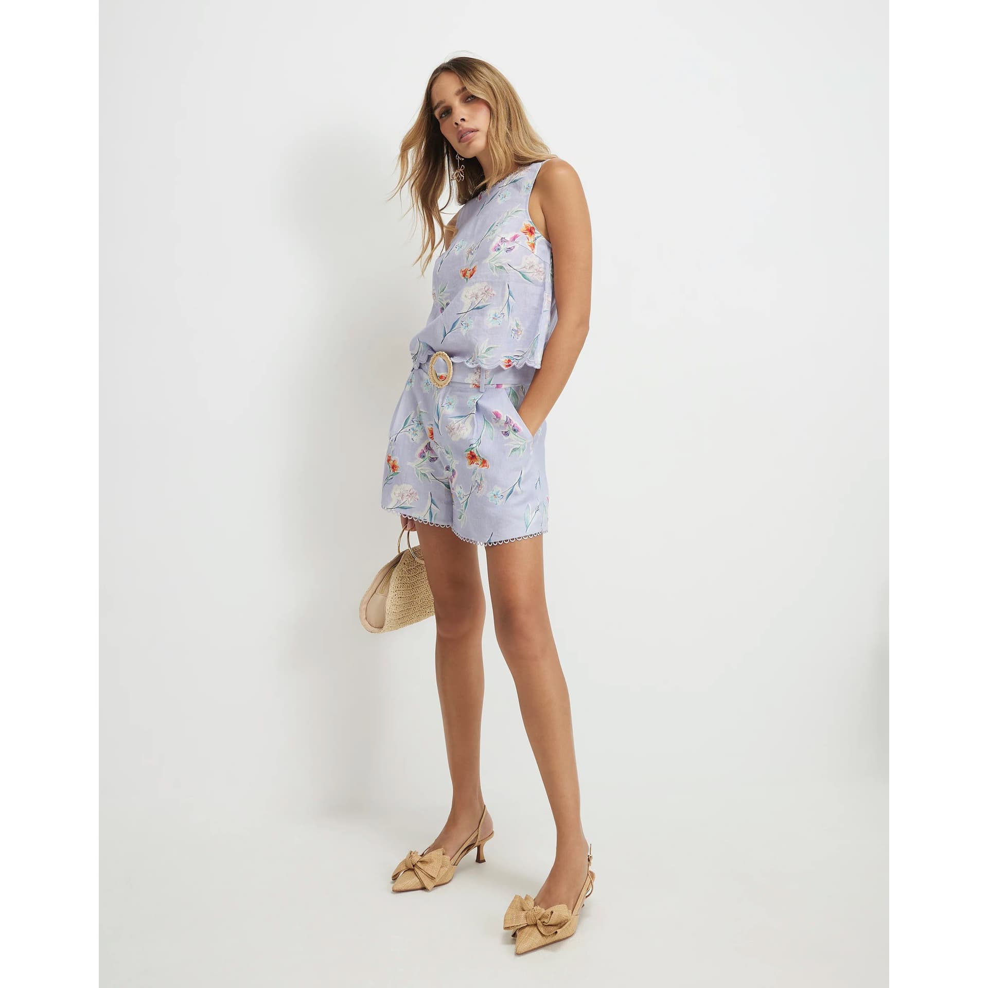 River Island River Island Womens Purple Linen Blend Floral Belted Shorts