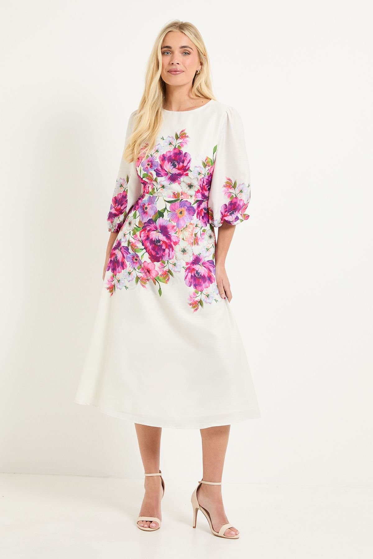 Wallis Wallis Women's Petite Floral Balloon Sleeve Midi Dress in Ivory