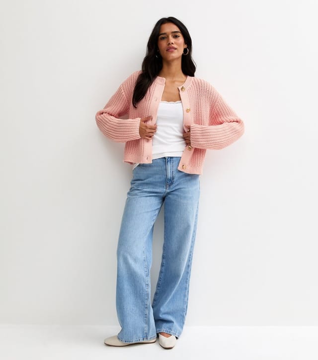 New Look Women's Light Pink Hammered Button Cotton Rich Chunky Knit Cardigan New Look - 3