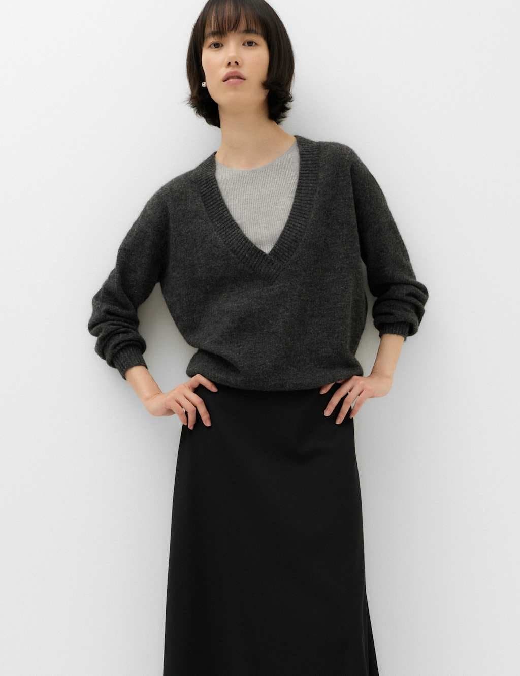 Marks & Spencer M&S Ribbed V-Neck Double Layer Jumper with Wool Grey Mix