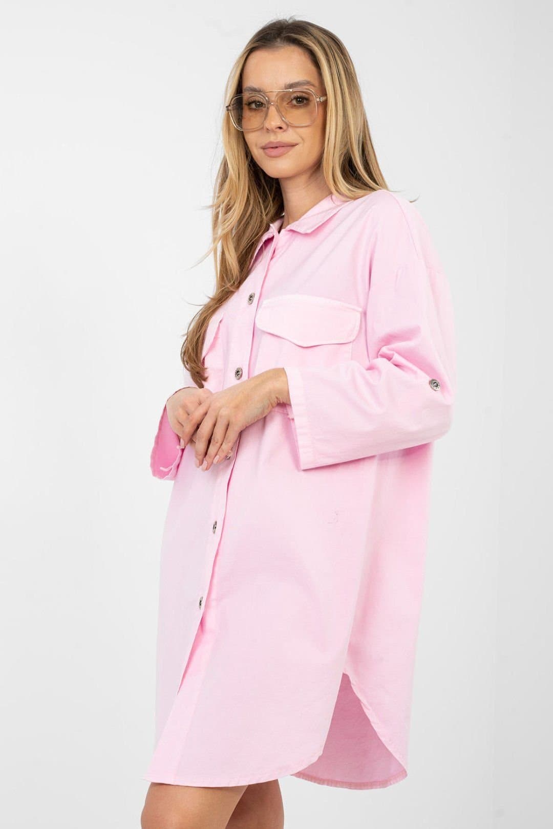 Love Lace Love Lace Women's Loose Fit Button Front Shirt Dress with Pockets in Pink