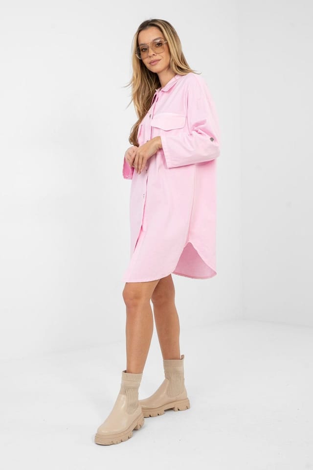 Love Lace Love Lace Women's Loose Fit Button Front Shirt Dress with Pockets in Pink - 2
