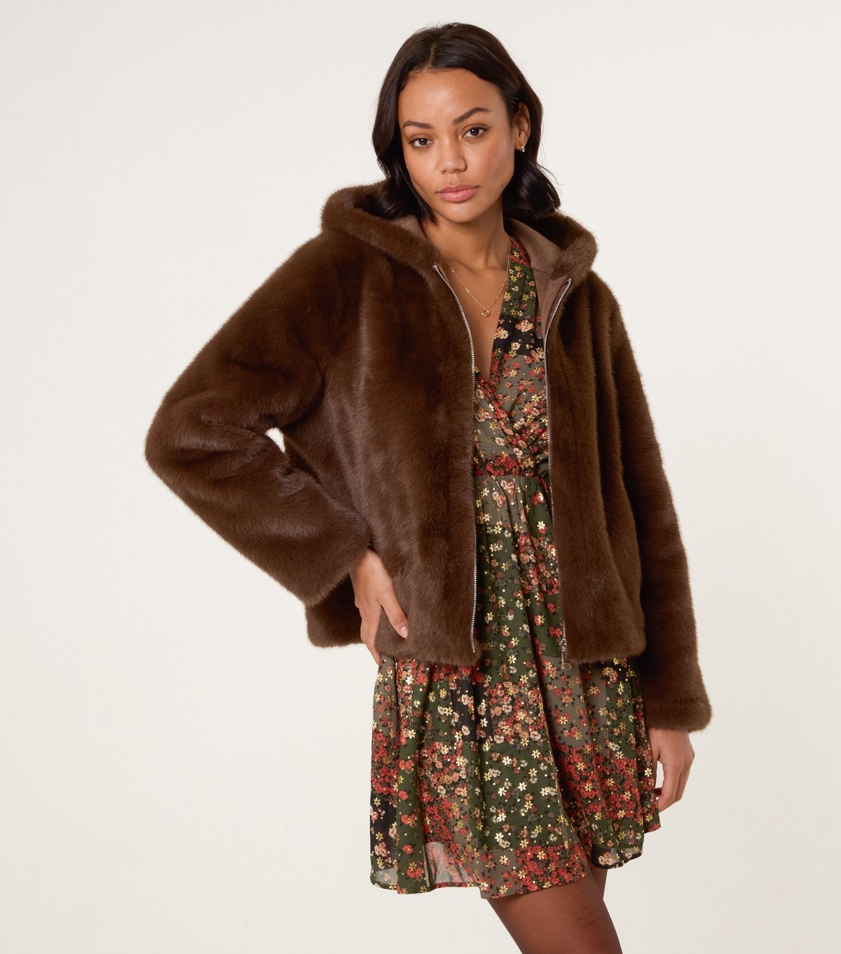 Blue Vanilla Women's Brown Faux Fur Hooded Jacket Blue Vanilla New Look - 1