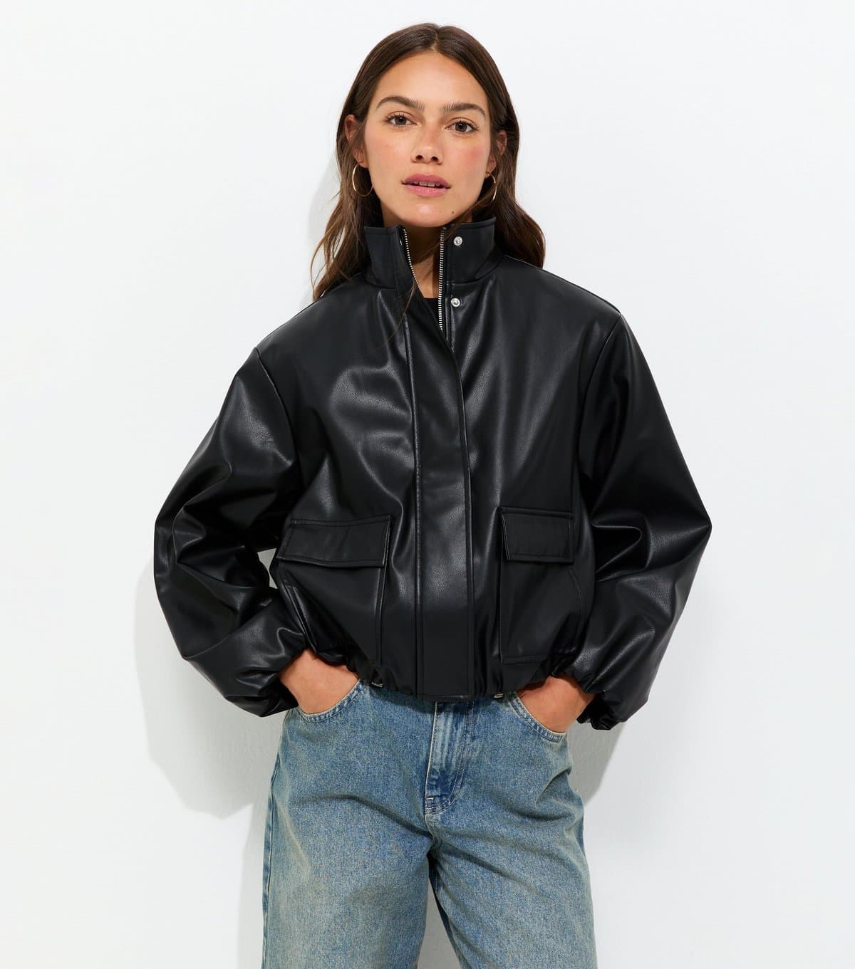 New Look Women's Petite Black Faux Leather Funnel Neck Flap Pocket Jacket New Look