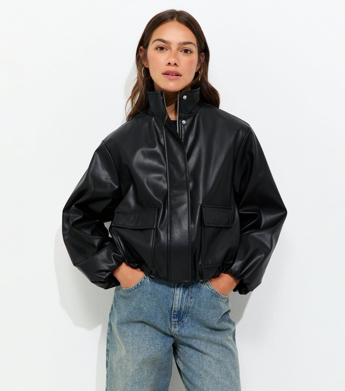 New Look Black Faux Leather Funnel Neck Jacket
