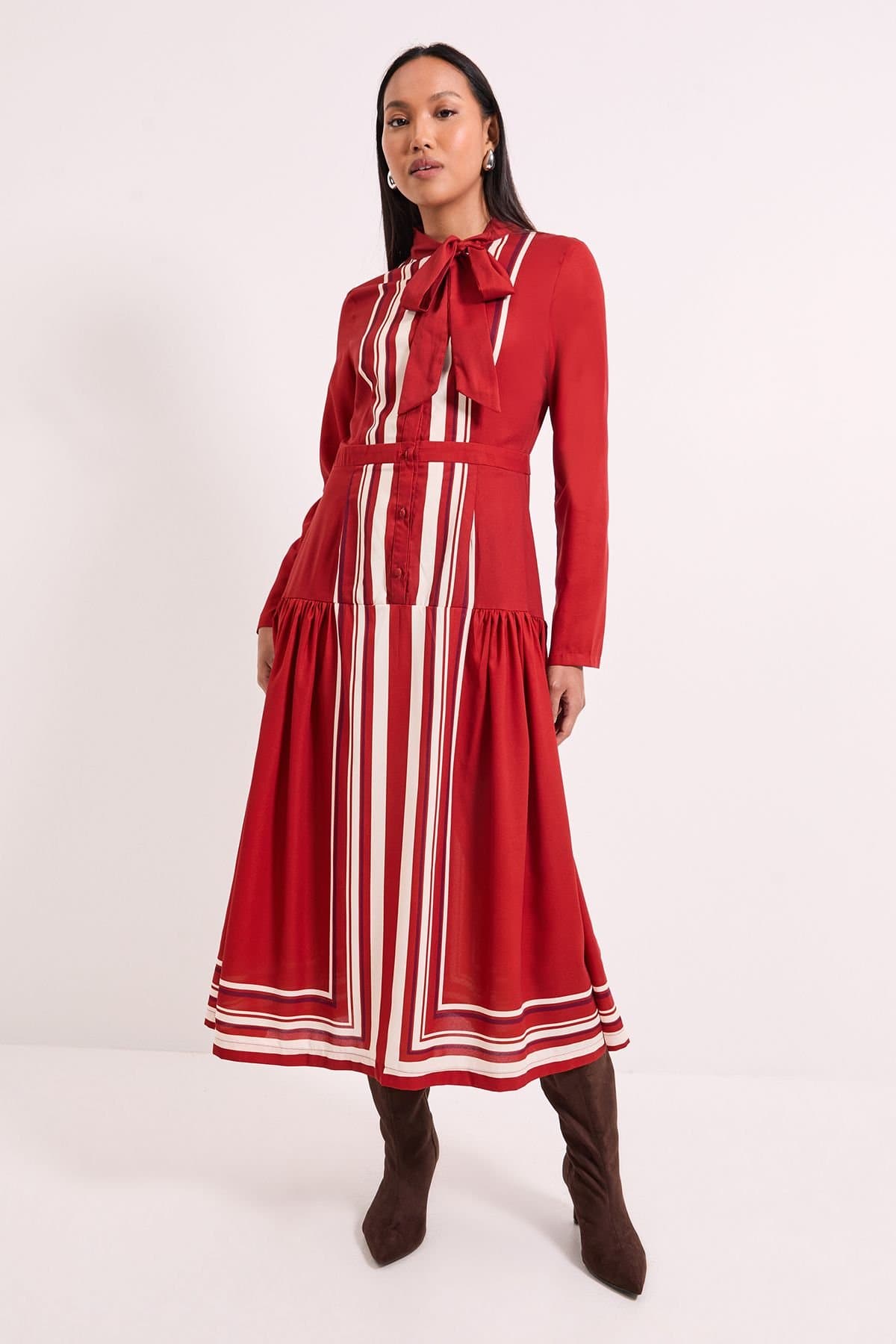 Principles Principles Women's Stripe Tie Neck Midi Dress in Rust