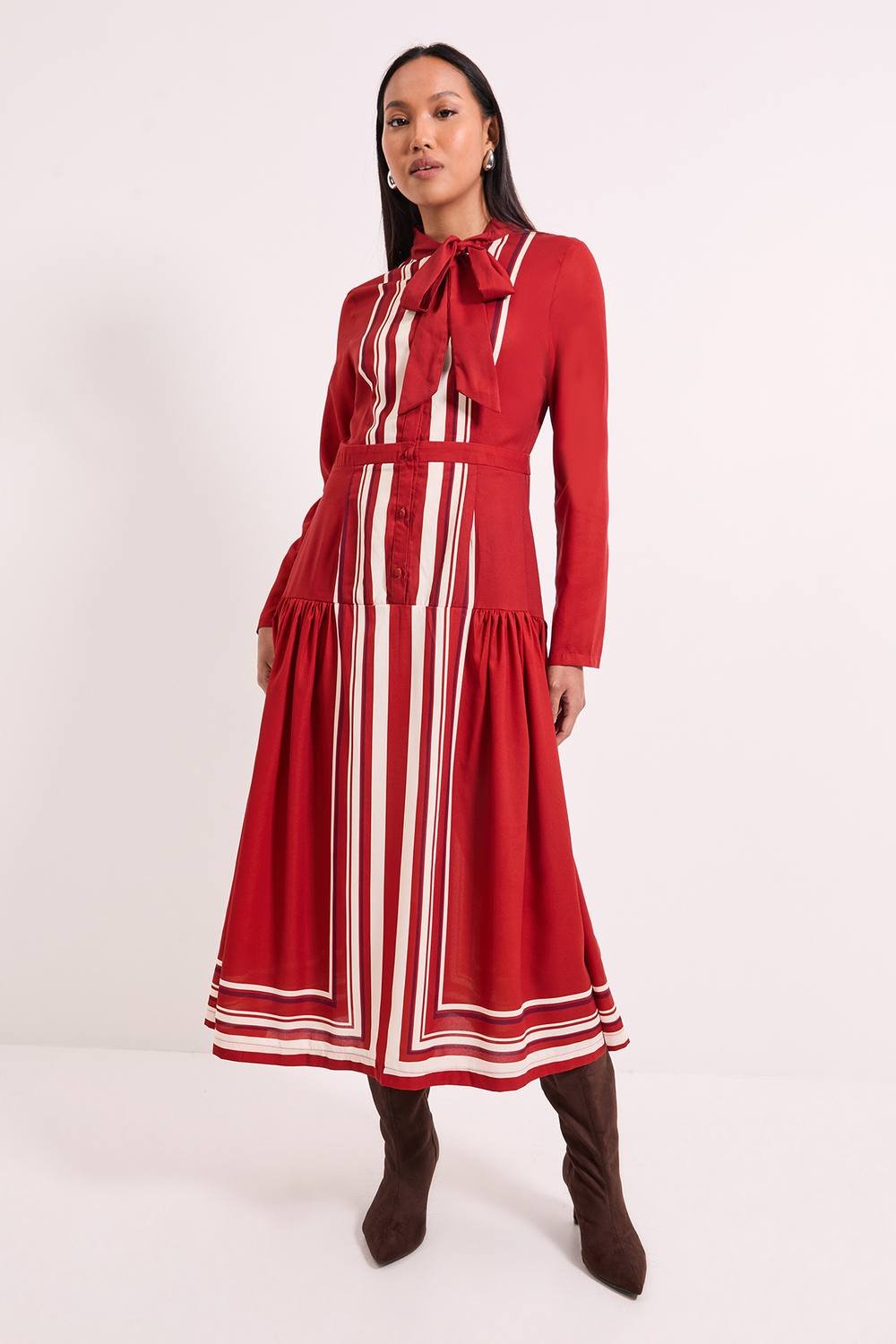 Principles Principles Women's Stripe Tie Neck Midi Dress in Rust - 2