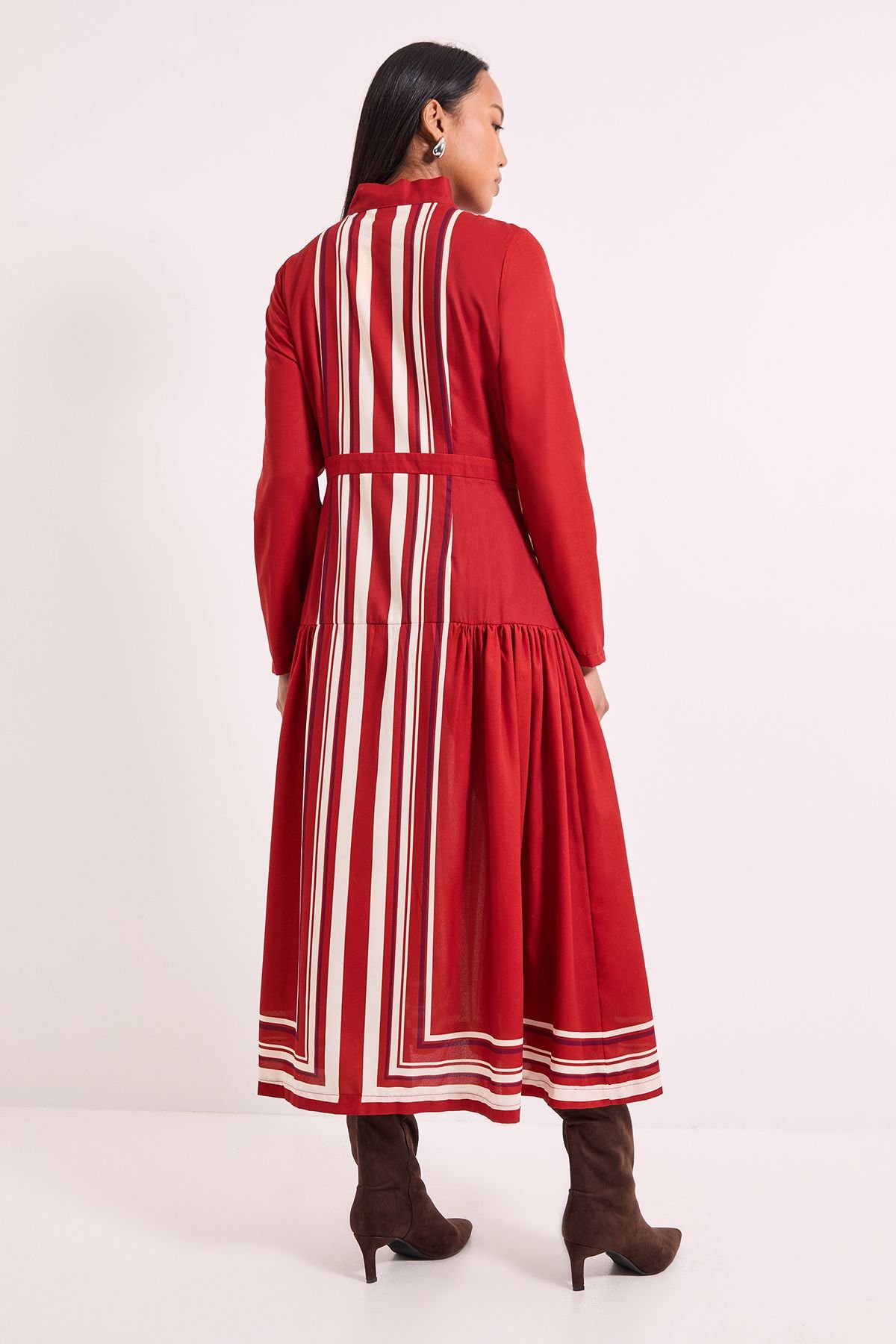 Principles Principles Women's Stripe Tie Neck Midi Dress in Rust - 3