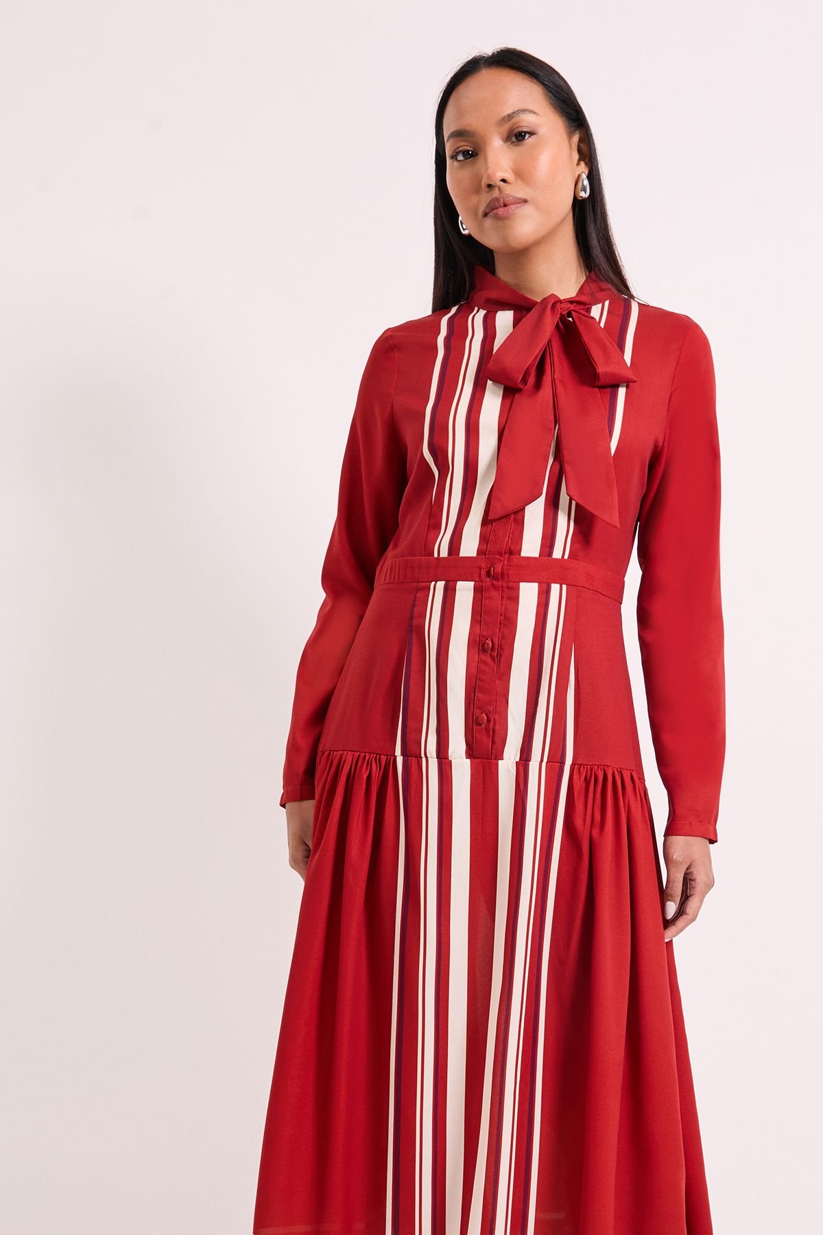 Principles Principles Women's Stripe Tie Neck Midi Dress in Rust - 4