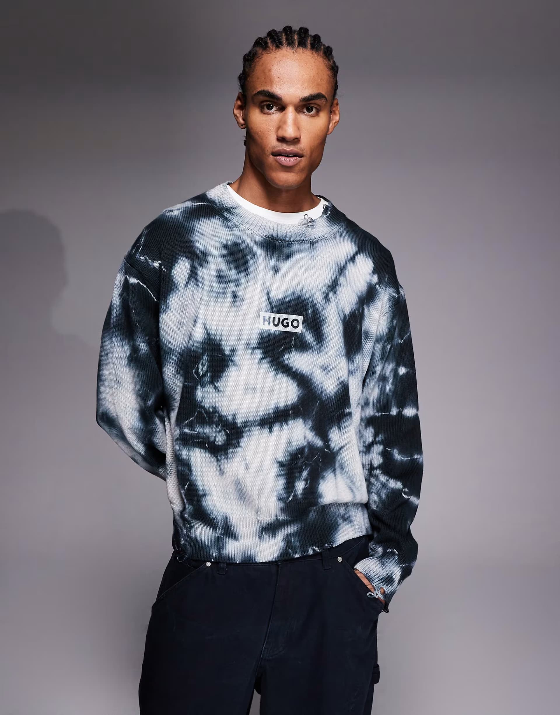 ASOS HUGO BLUE Sestroy distressed oversized cotton knitted jumper in black