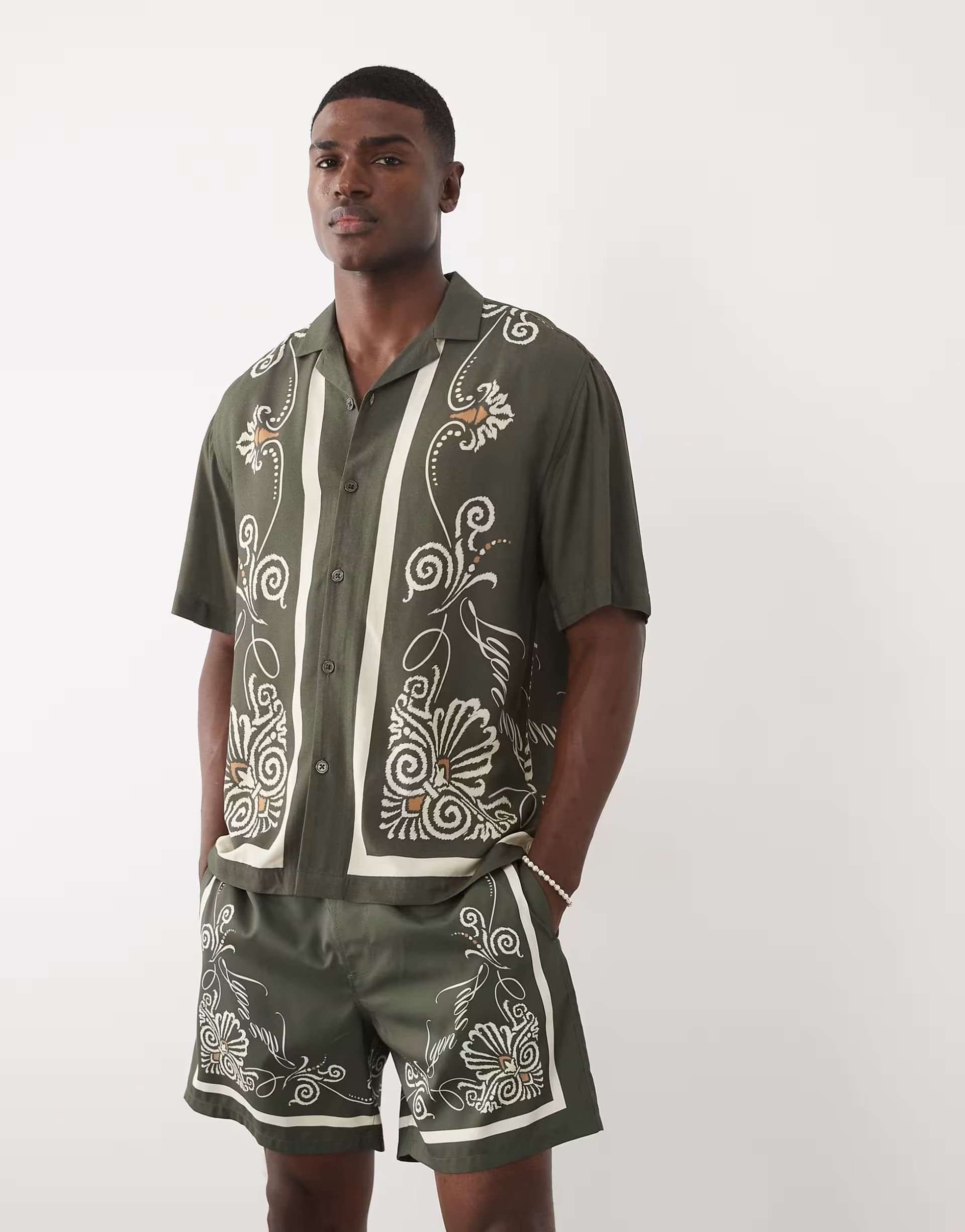 ASOS ASOS DESIGN co-ord relaxed revere shirt with border print in green