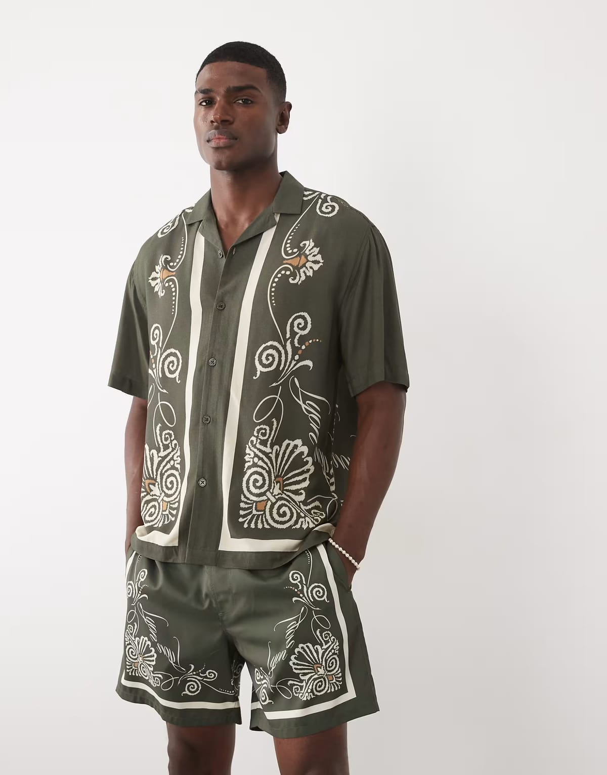 ASOS ASOS DESIGN co-ord relaxed revere shirt with border print in green - 1