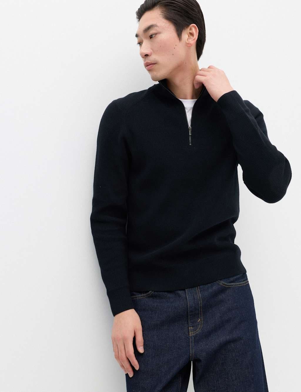 Marks & Spencer M&S Cotton Blend Ribbed Half Zip Jumper Black
