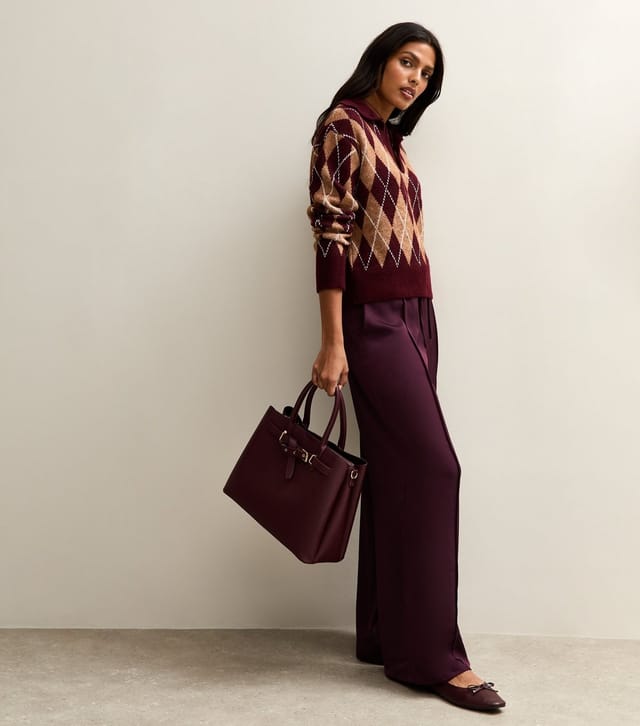 New Look Women's Burgundy Satin Drawstring Waist Wide Leg Trousers New Look - 3