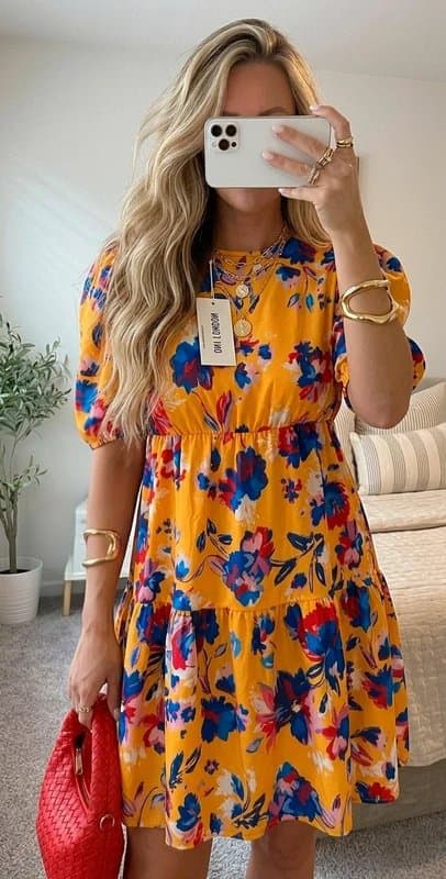 Gini London New tags! Gini London Yellow Floral Puffed Sleeve Tiered Midi Dress Size 10