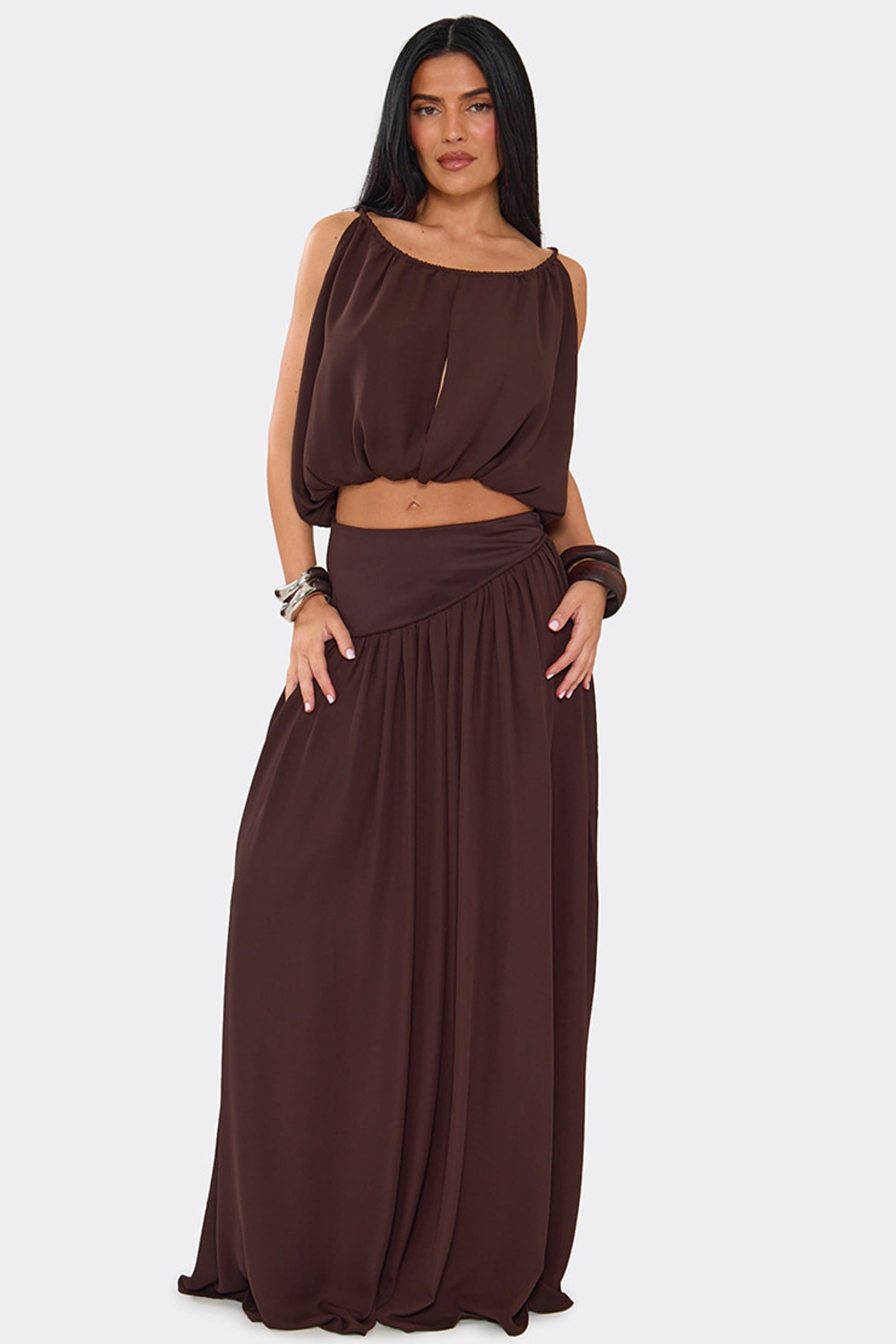 EGO Women's Ruched Woven Maxi Skirt In Dark Brown