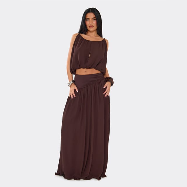 EGO EGO Women's Ruched Woven Maxi Skirt in Dark Brown - 2