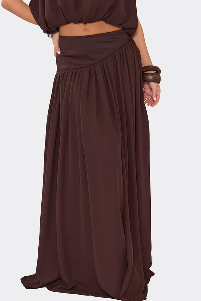 EGO EGO Women's Ruched Woven Maxi Skirt in Dark Brown - 3