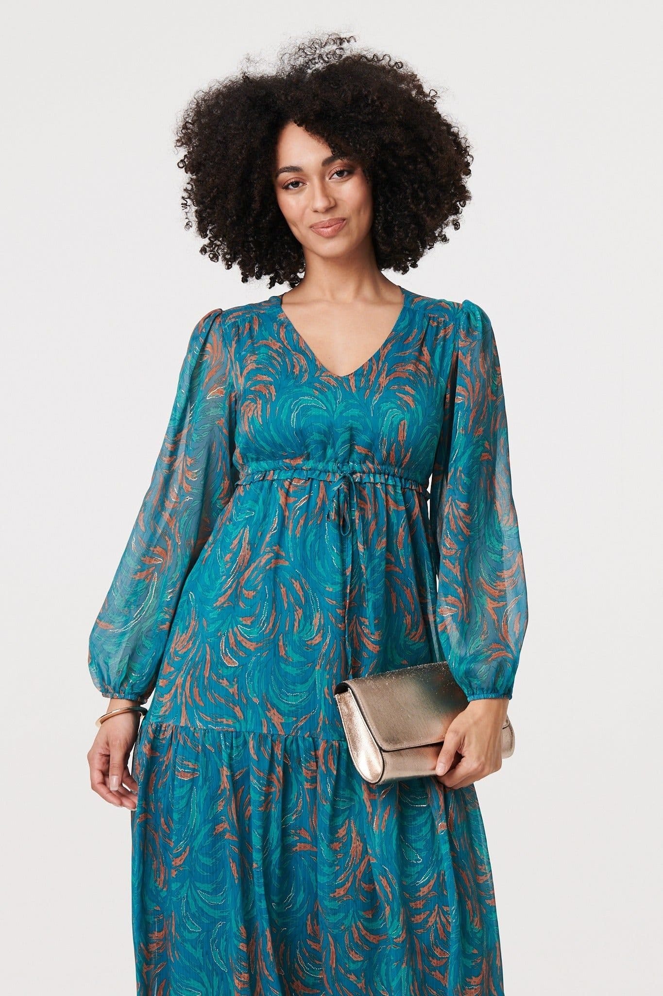 Izabel London Izabel London Women's Leaf Print Sheer Tie Waist Maxi Dress in Green - 4