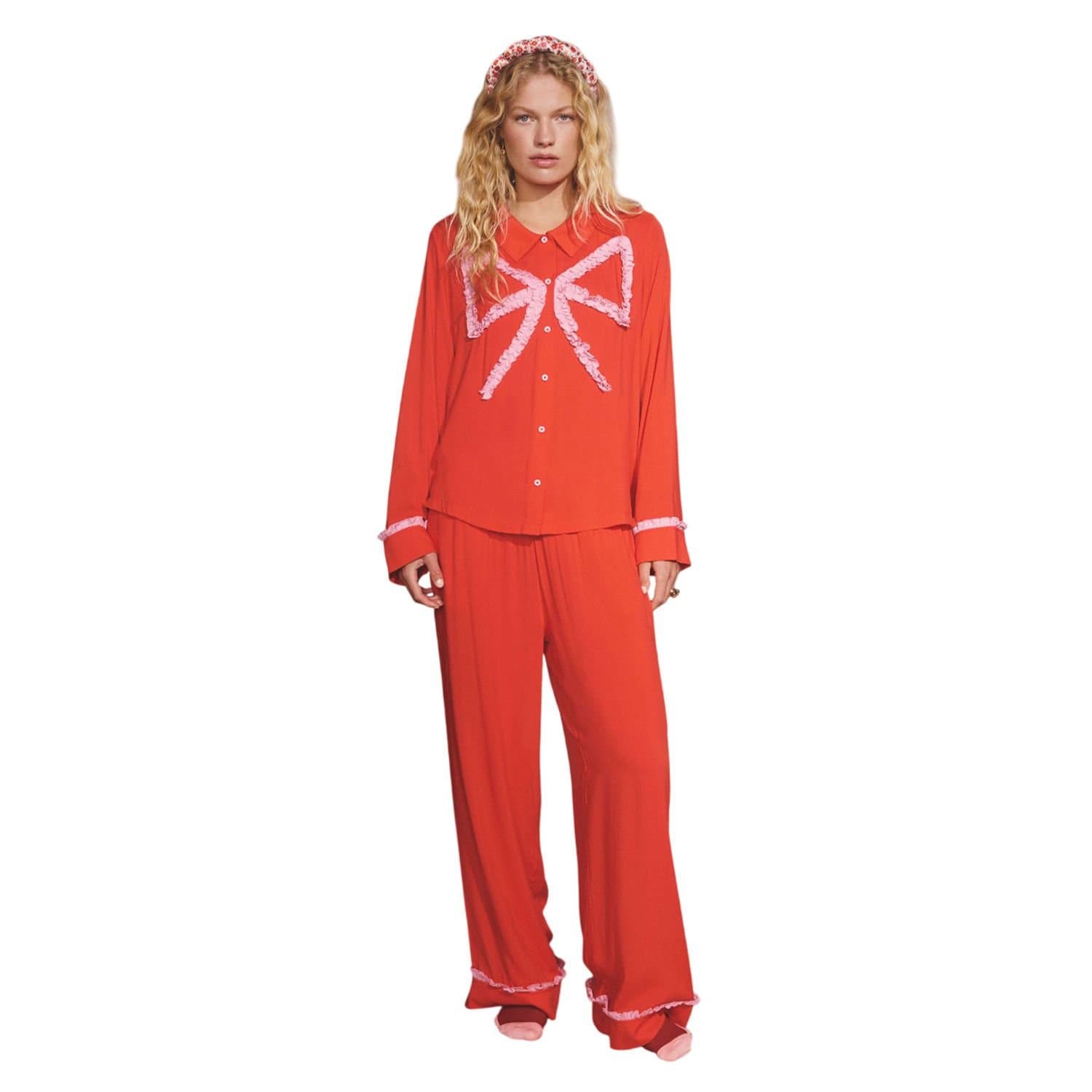 Cath Kidston Cath Kidston Women's Bow Viscose Long-Sleeved Pyjama Set in Red
