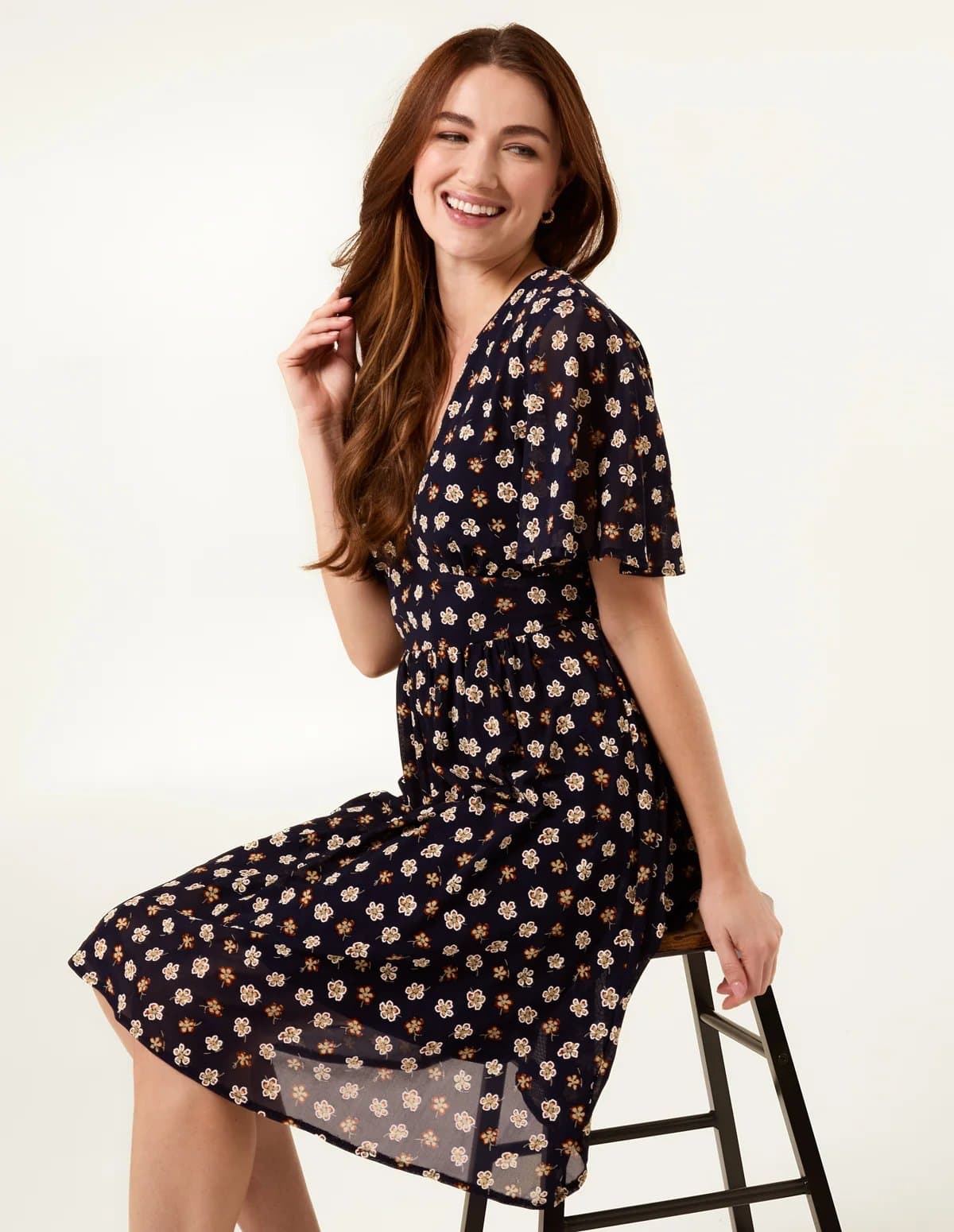 Blue Vanilla V Neck Tie Back Flower Printed Mini Dress