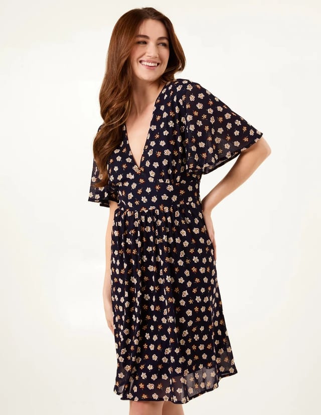 Blue Vanilla V Neck Tie Back Flower Printed Mini Dress - 2
