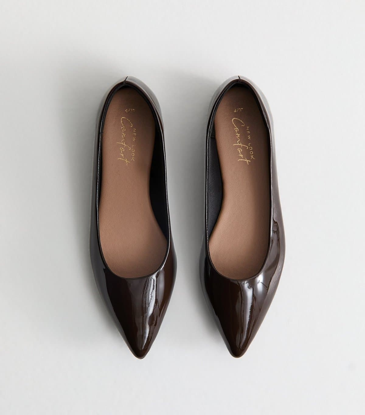 New Look Women's Brown Patent Faux Leather Pointed Toe Ballerina Flats Vegan New Look