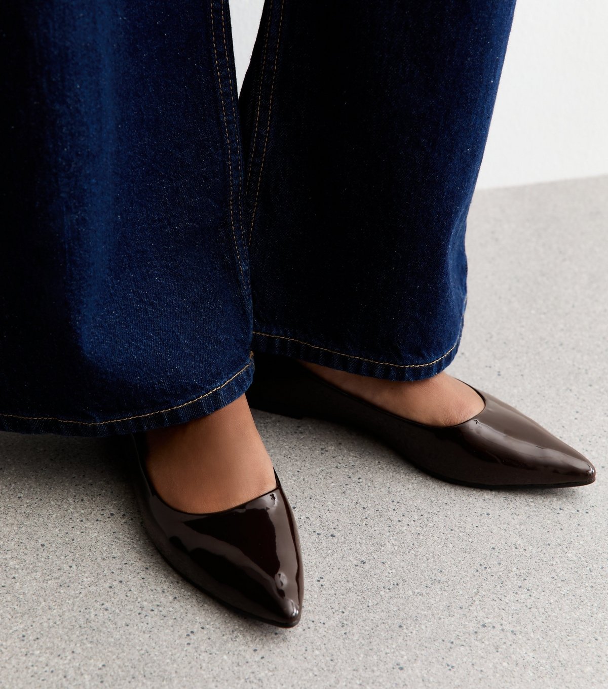 New Look Women's Brown Patent Faux Leather Pointed Toe Ballerina Flats Vegan New Look - 3