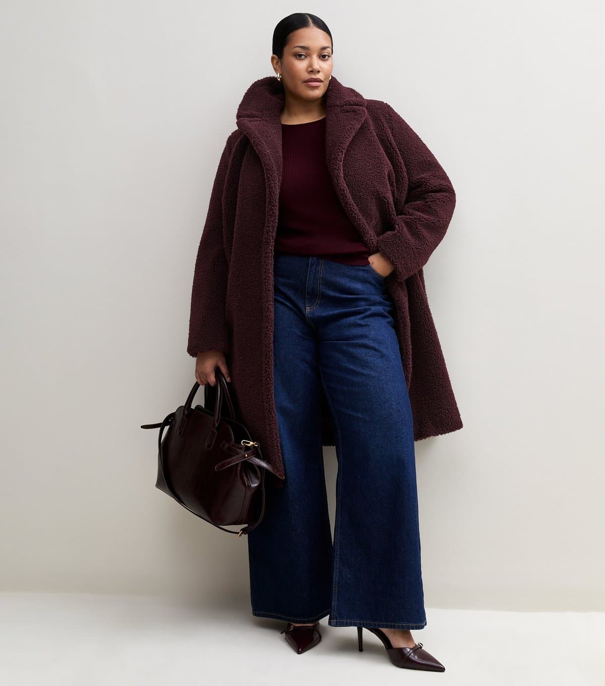 New Look Women's Plus Size Dark Burgundy Borg Texture Midi Coat Curves New Look