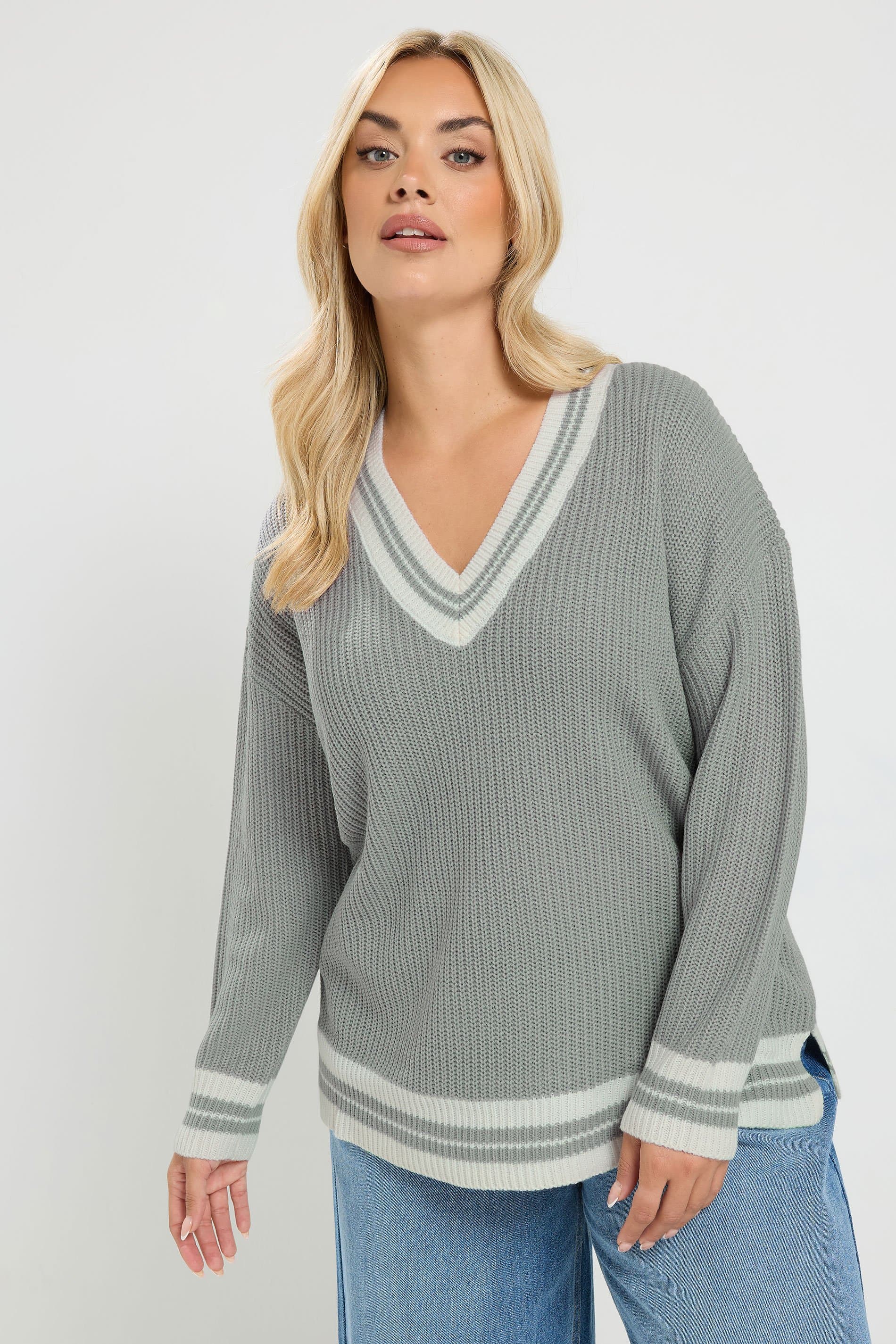 Yours Plus Size Grey & White Knitted Tennis Jumper
