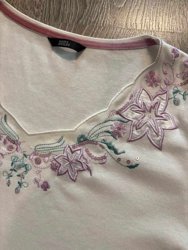 Marks & Spencer Marks & Spencer Cream Embroidered Floral Sequin Top UK 18 Pink Short Sleeve V-Neck - 1