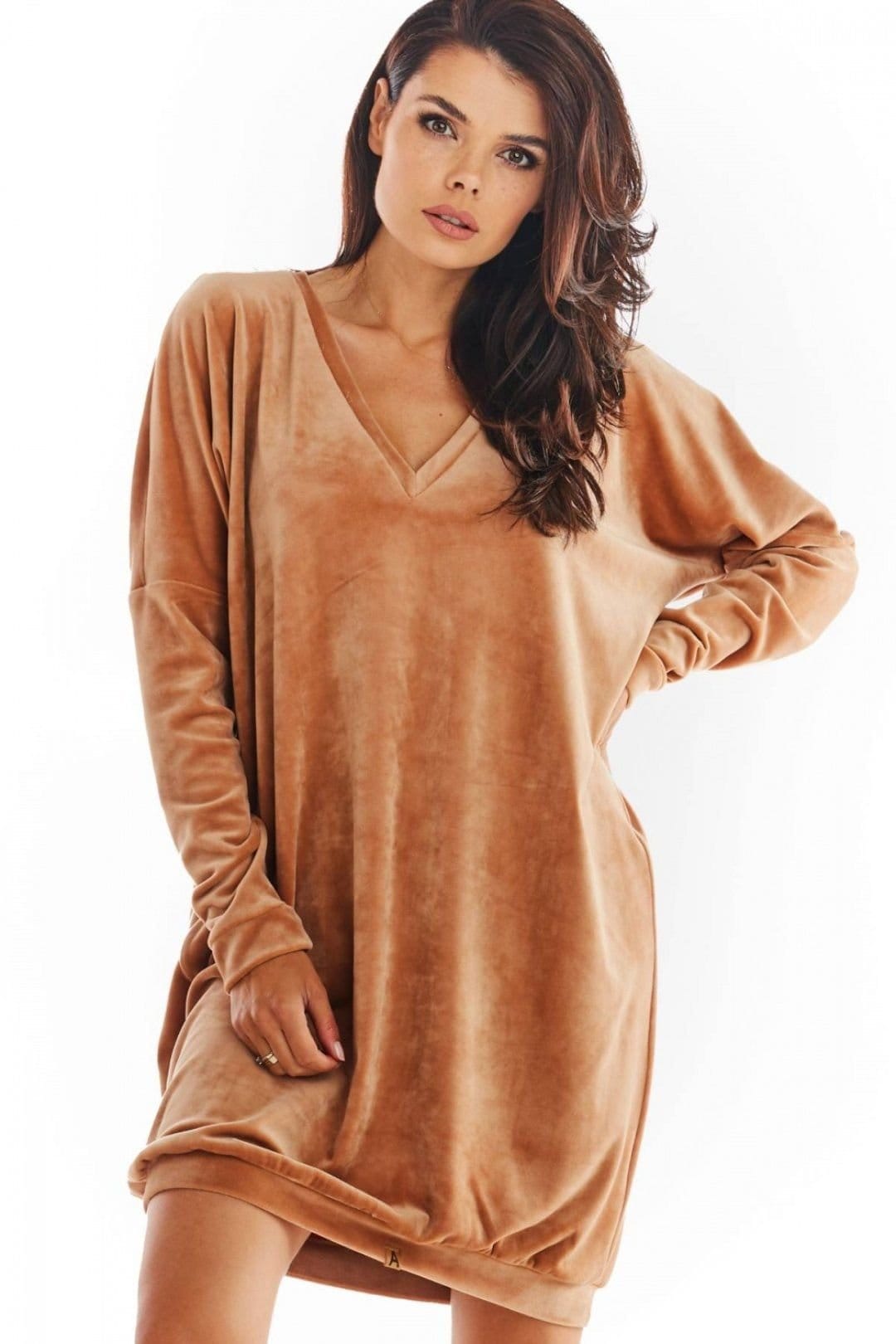 Love Lace Tan Velour Heart Neck Loose Dress