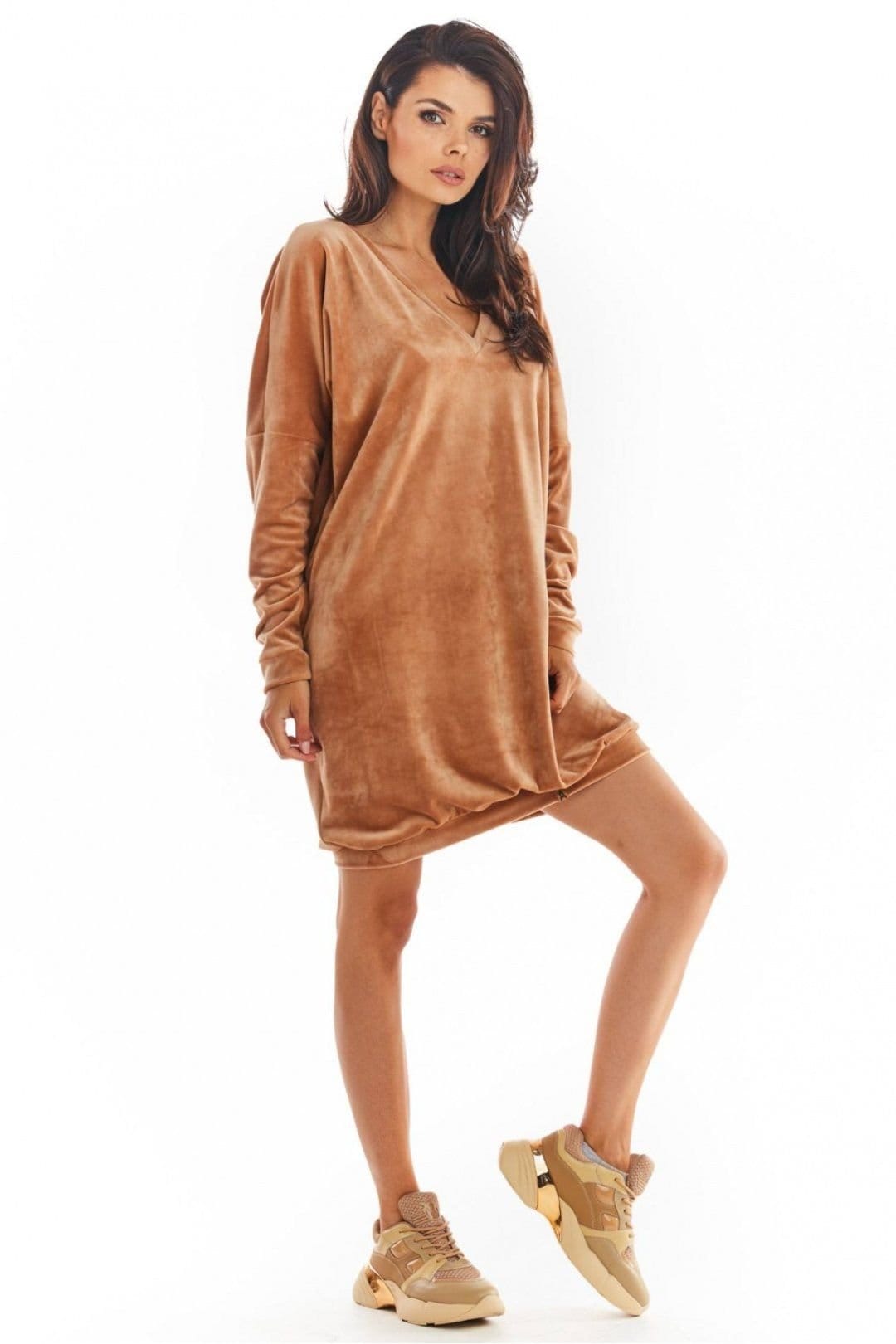 Love Lace Love Lace Women's Poland Made Velour Heart Neck Loose Dress Style 149783 in Tan - 4