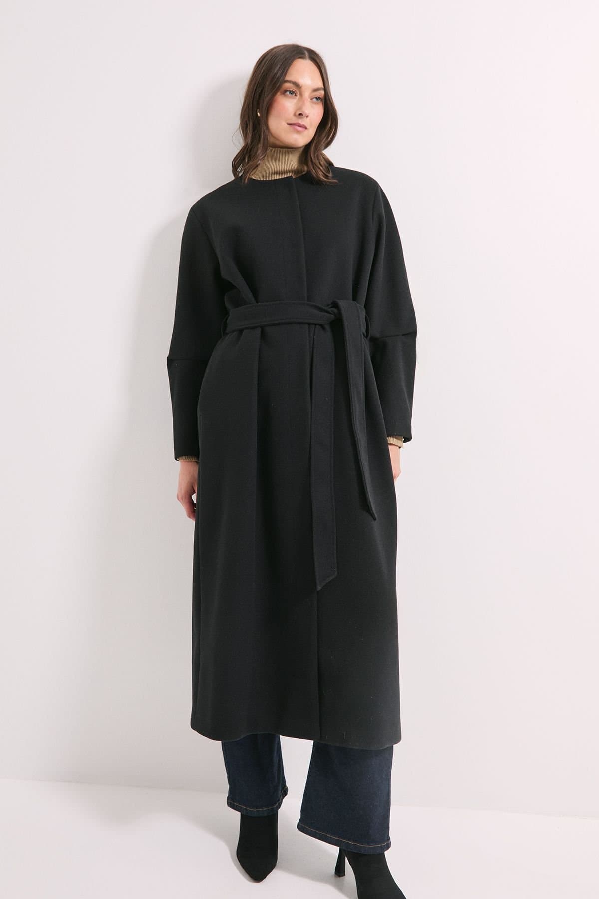 Wallis Wallis Black Collarless Belted Maxi Coat
