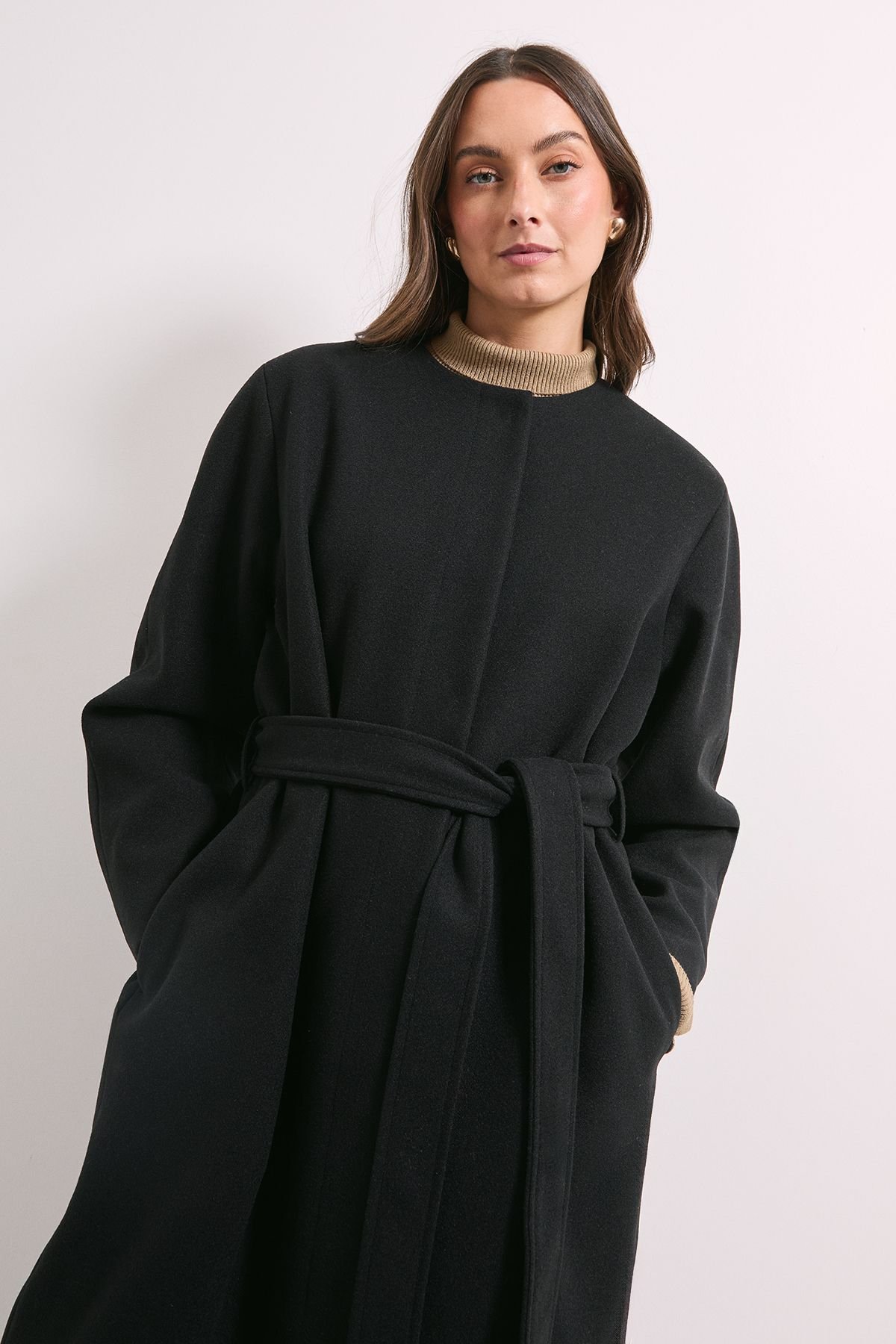 Wallis Wallis Women's Principles by Collarless Belted Maxi Coat in Black - 4