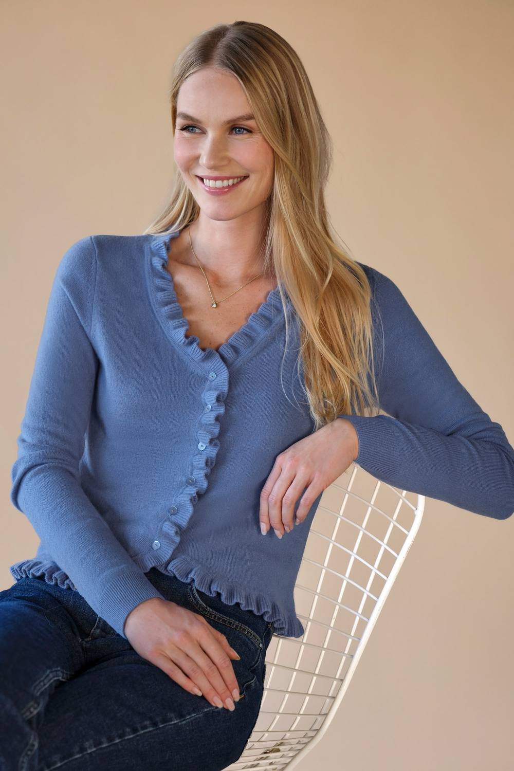 Pure Collection Pure Collection Women's Cashmere Ruffle Cardigan in Mid Blue - 3