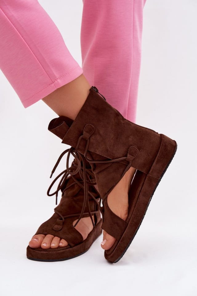 Love Lace Love Lace Women's Stylish High Upper Sandals with Front Lacing & Zip Closure in Brown - 3
