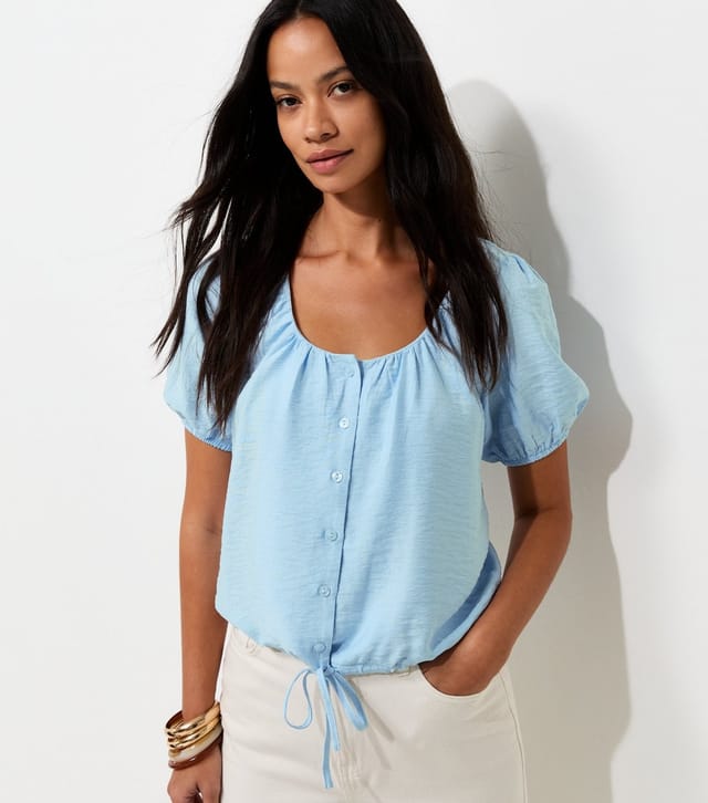 New Look Women's Light Blue Button Drawstring Bubble Hem Blouse New Look - 3