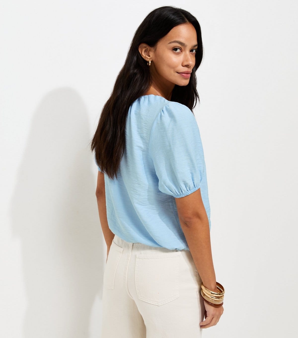 New Look Women's Light Blue Button Drawstring Bubble Hem Blouse New Look - 4