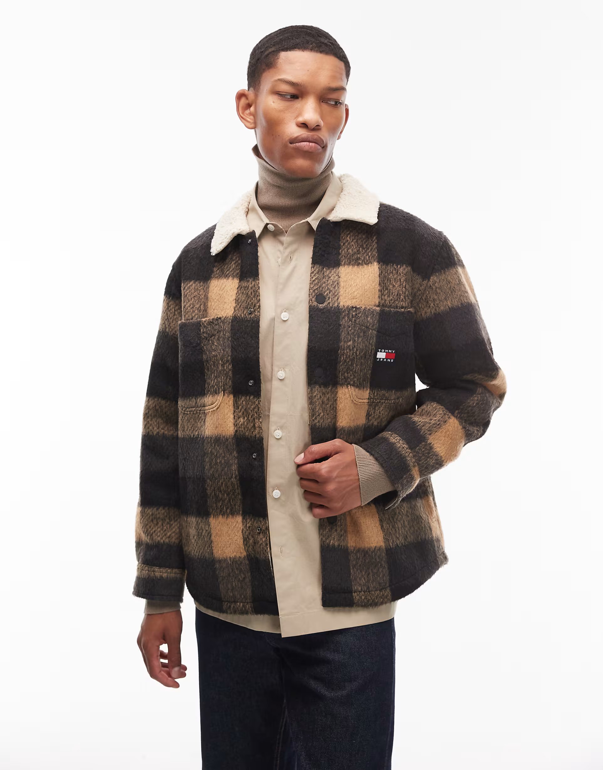 ASOS Tommy Jeans teddy collar overshirt in brown and beige check - 1