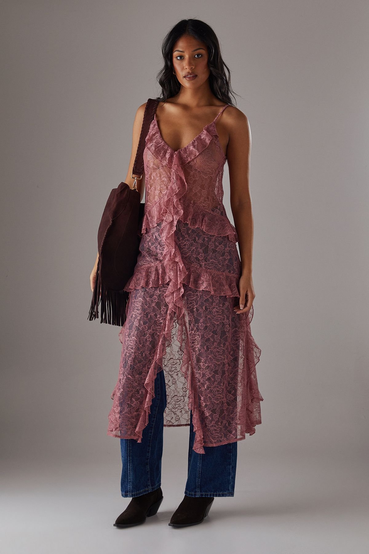 Warehouse Warehouse Women's Lace Ruffle Front Maxi Strappy Top in Rose - 2