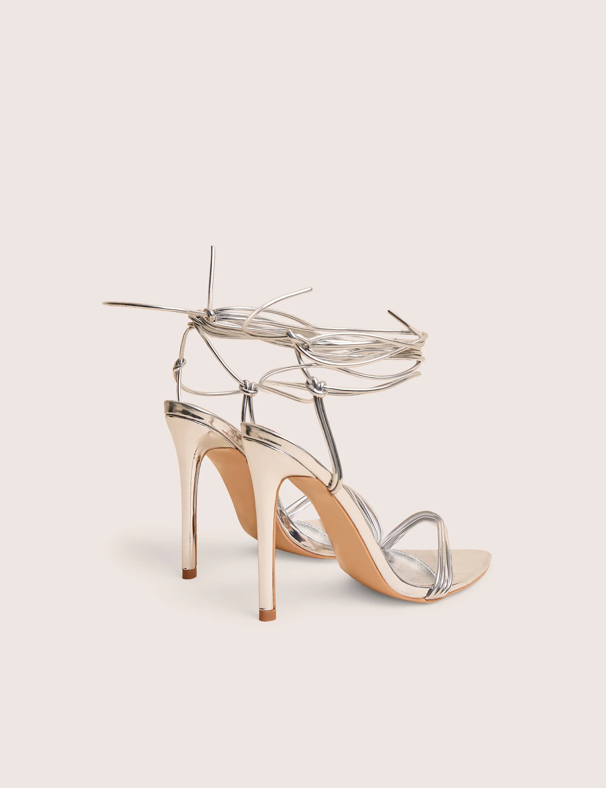 Public Desire Merlot Mirror Silver Pu Lace Up Wrap Around Pointed Toe Stiletto Heels - 3