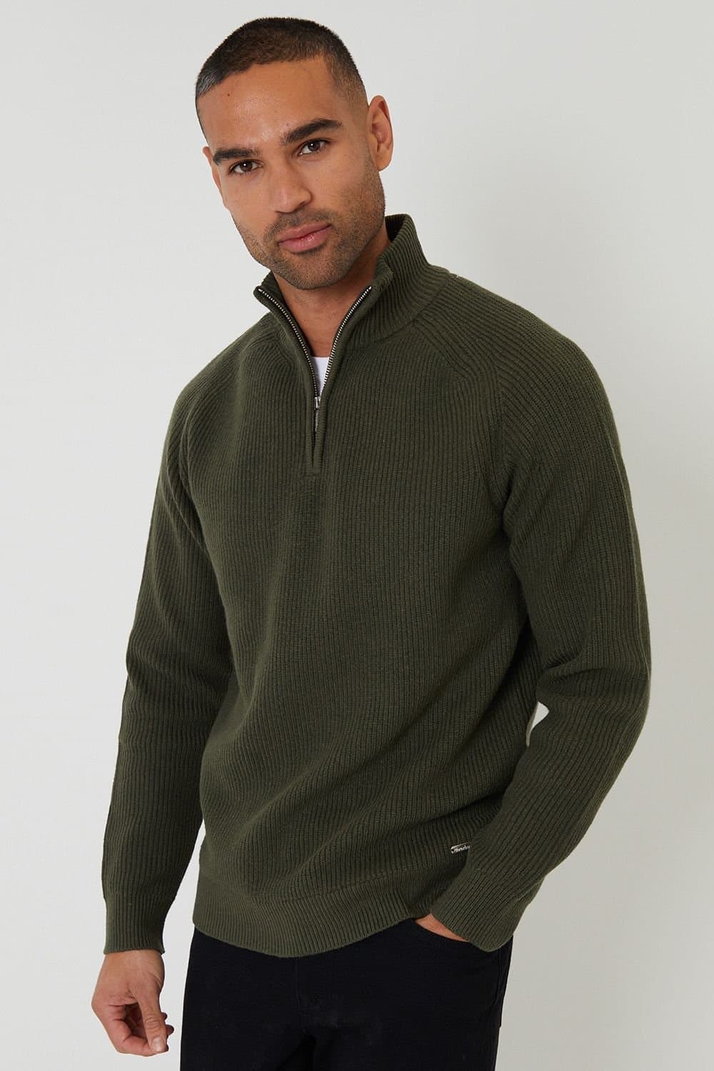 Threadbare Threadbare Men's Cotton Blend Rib Panel Quarter Zip Knitted Jumper in Green