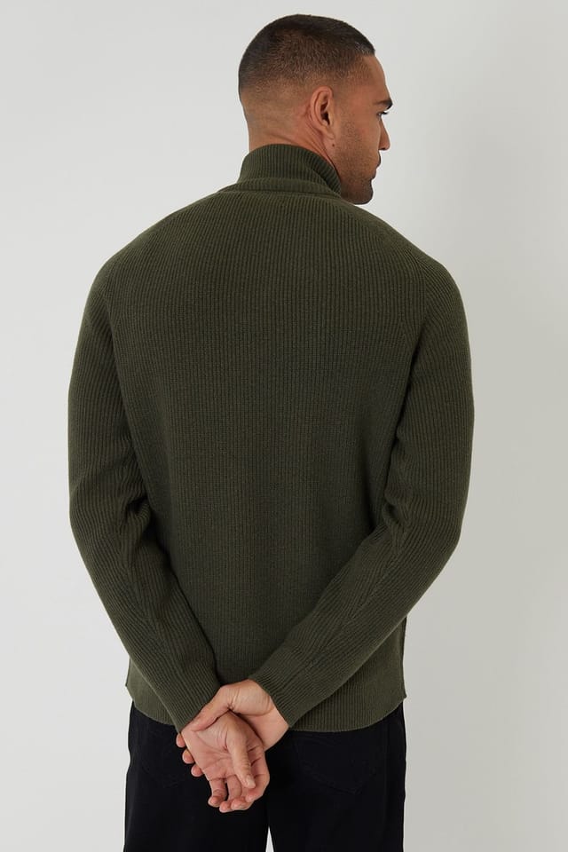 Threadbare Threadbare Men's Cotton Blend Rib Panel Quarter Zip Knitted Jumper in Green - 2