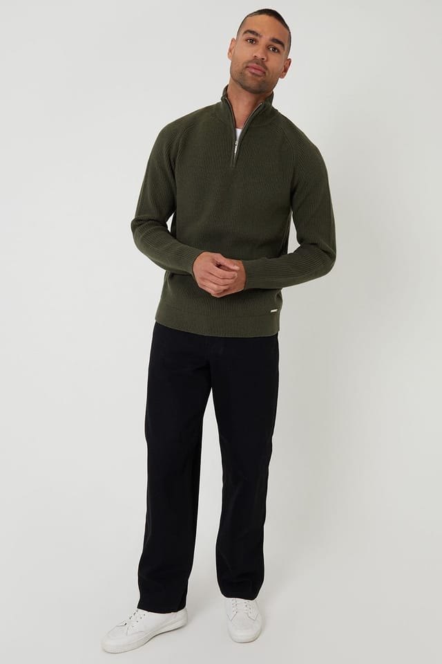 Threadbare Threadbare Men's Cotton Blend Rib Panel Quarter Zip Knitted Jumper in Green - 3