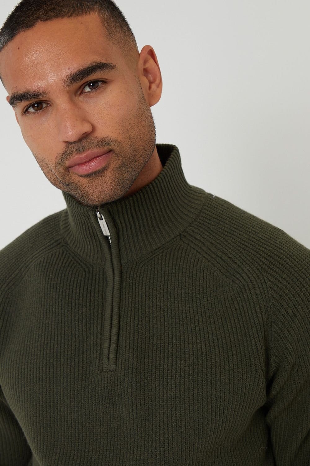 Threadbare Threadbare Men's Cotton Blend Rib Panel Quarter Zip Knitted Jumper in Green - 4