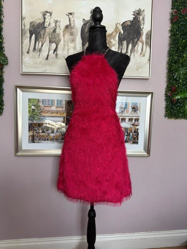 Amy Lynn Amy Lynn Faux Feather Halter Neck Mini Dress In Fuchsia Pink 10-12