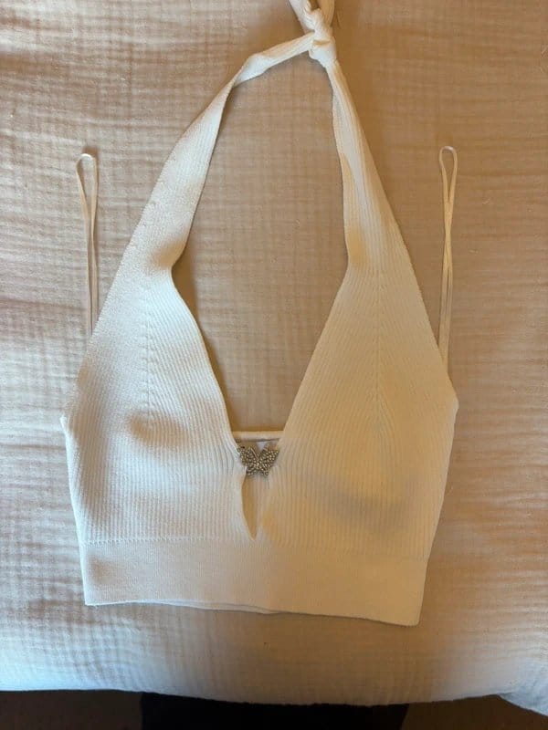 Bershka Cream Butterfly Halter Neck Top