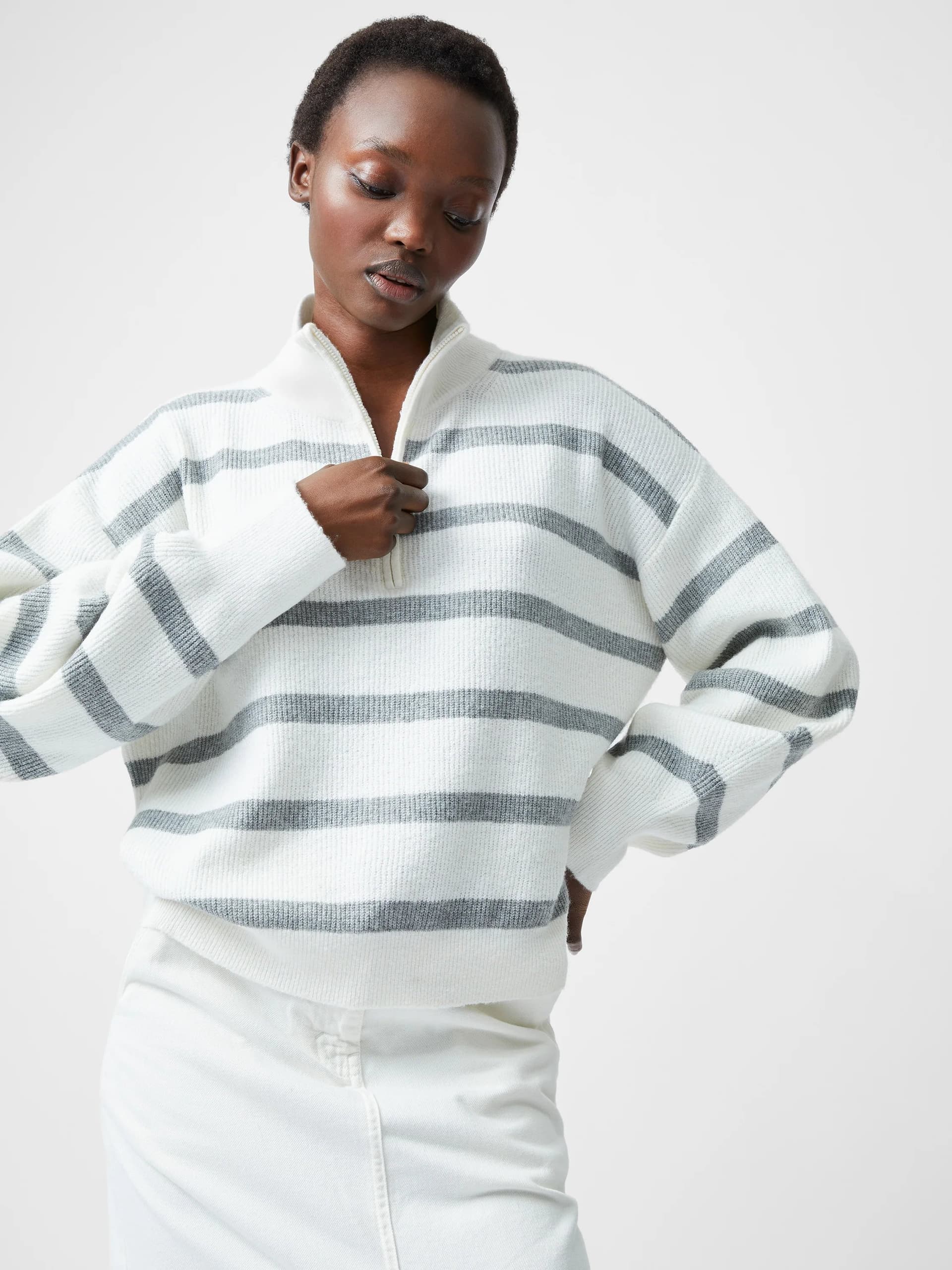 French Connection French Connection Recycled Stripe Half Zip Jumper White/Mid Grey